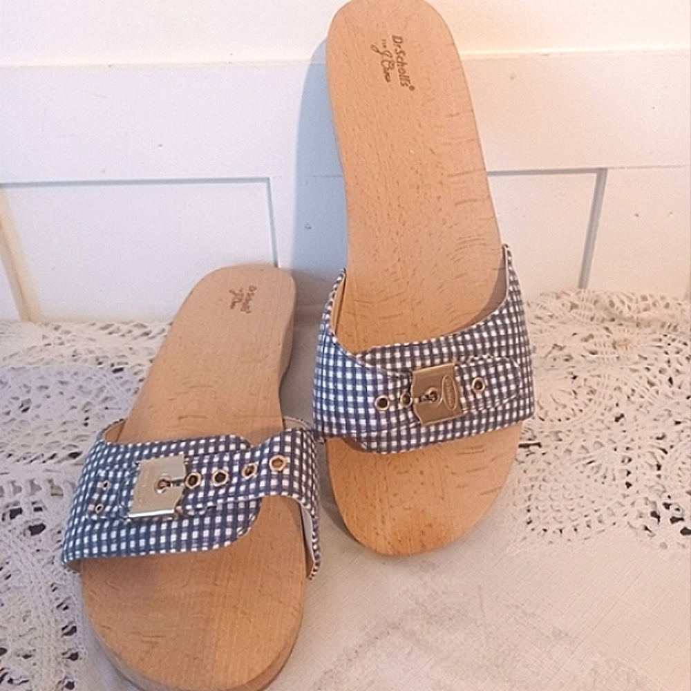 J.CREW Dr Scholl's Collaboration Blue Gingham  Wooden Sandals Shoes Slides Sz 10